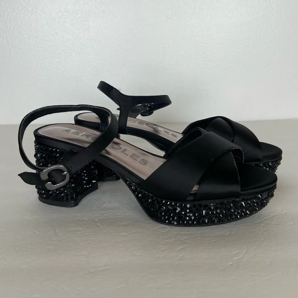 Aerosoles Cosmo Party Open Toe Platform Heels Size 8.5 M Black Y2k Party Crystal